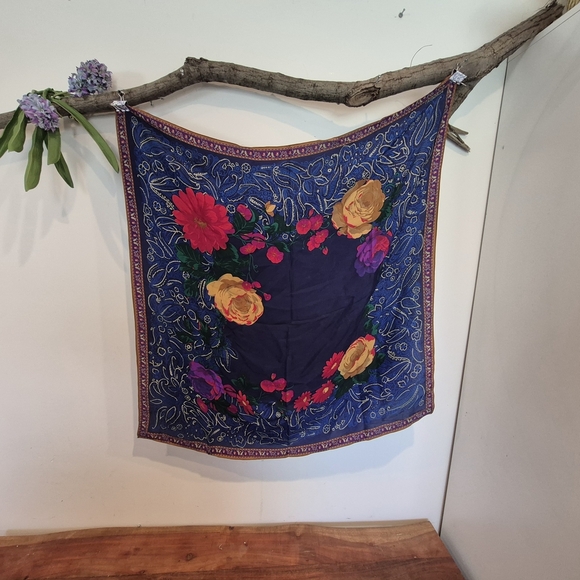 Silk Scarf Colorful Floral In Blues And Hot Pink - Picture 6 of 7